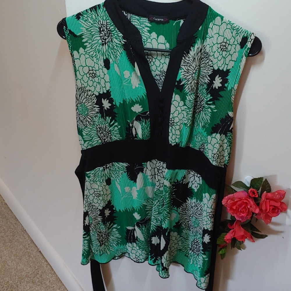 Floral Green Blouse w/ Waist Belt